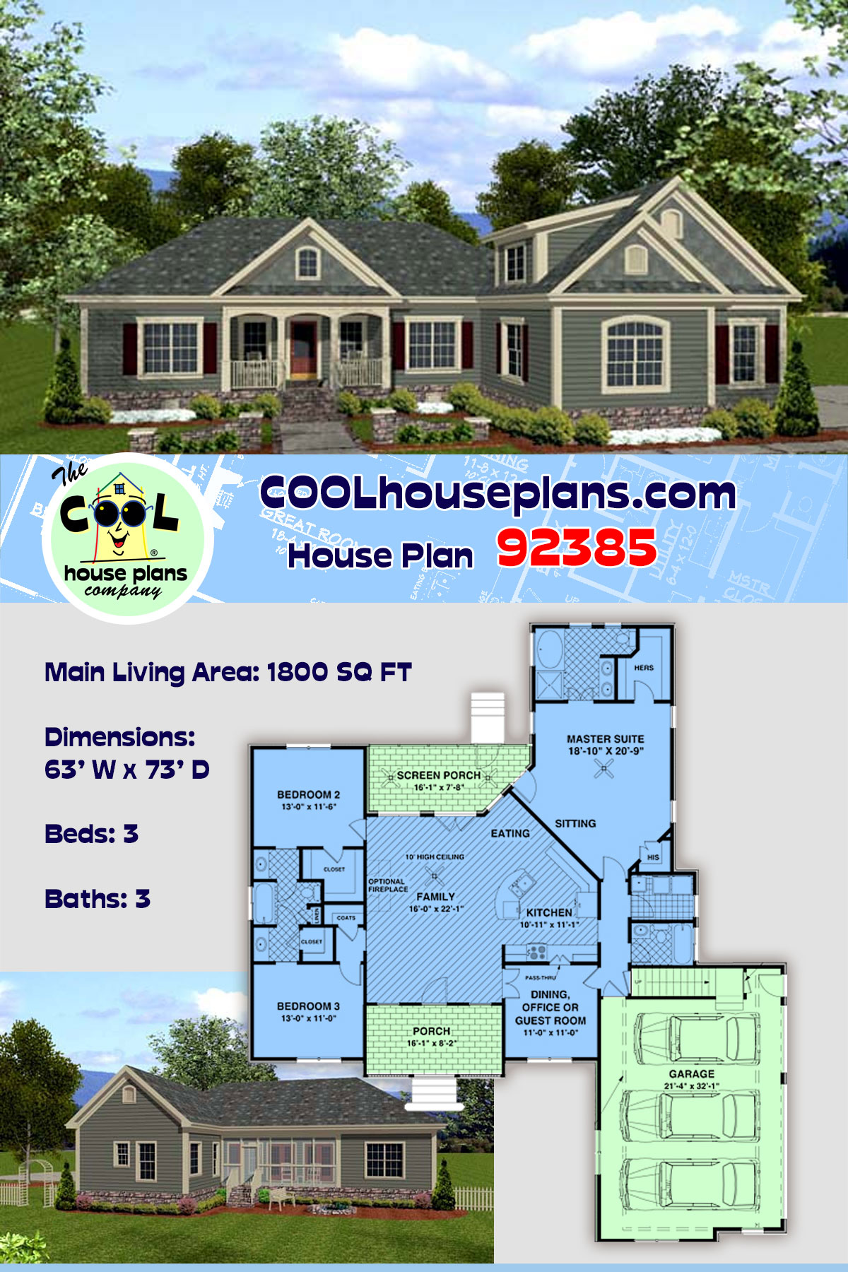 Country, Craftsman House Plan 92385 with 3 Beds, 3 Baths, 3 Car Garage