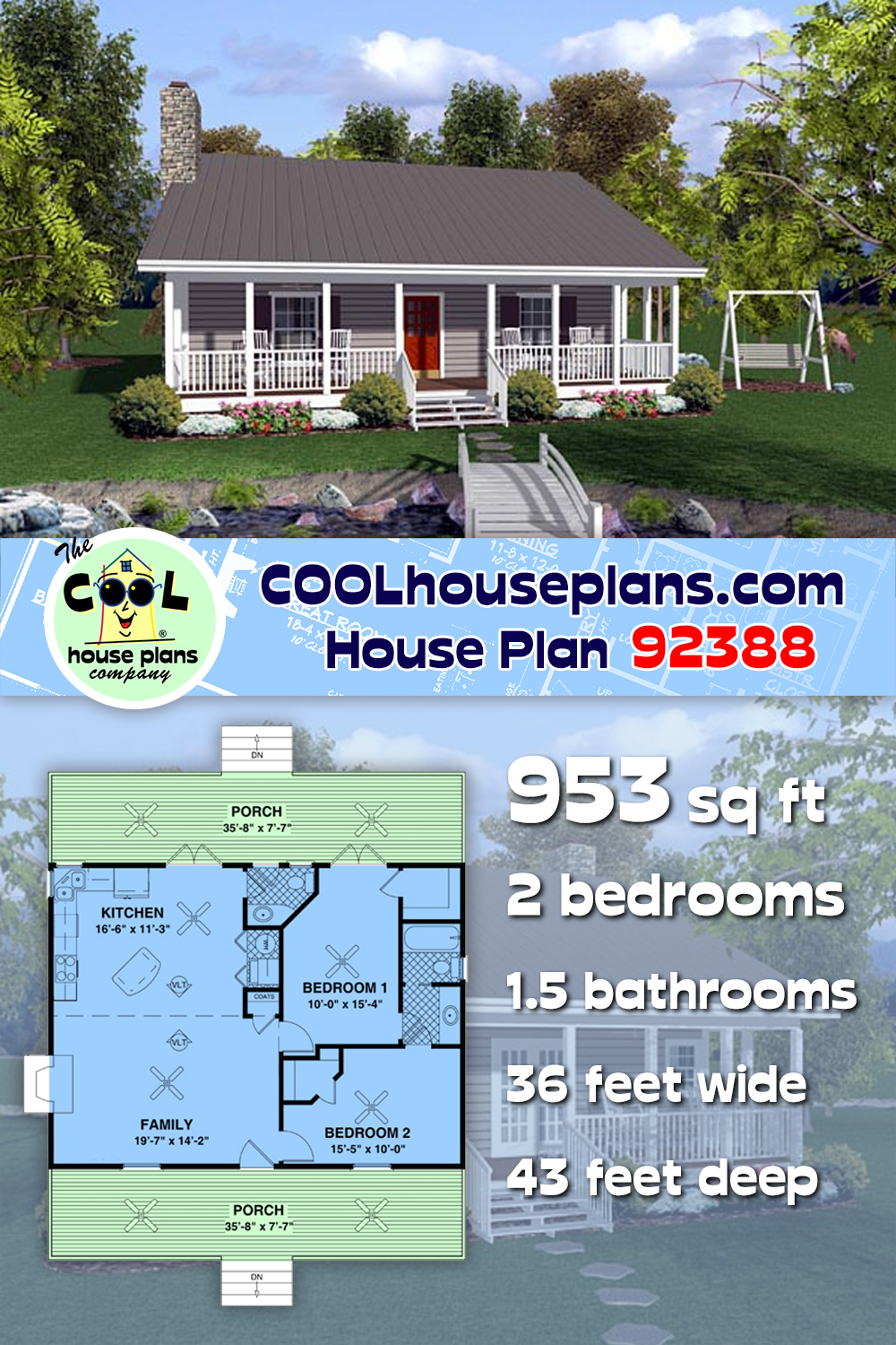 Cabin, Ranch, Traditional House Plan 92388 with 2 Beds, 2 Baths