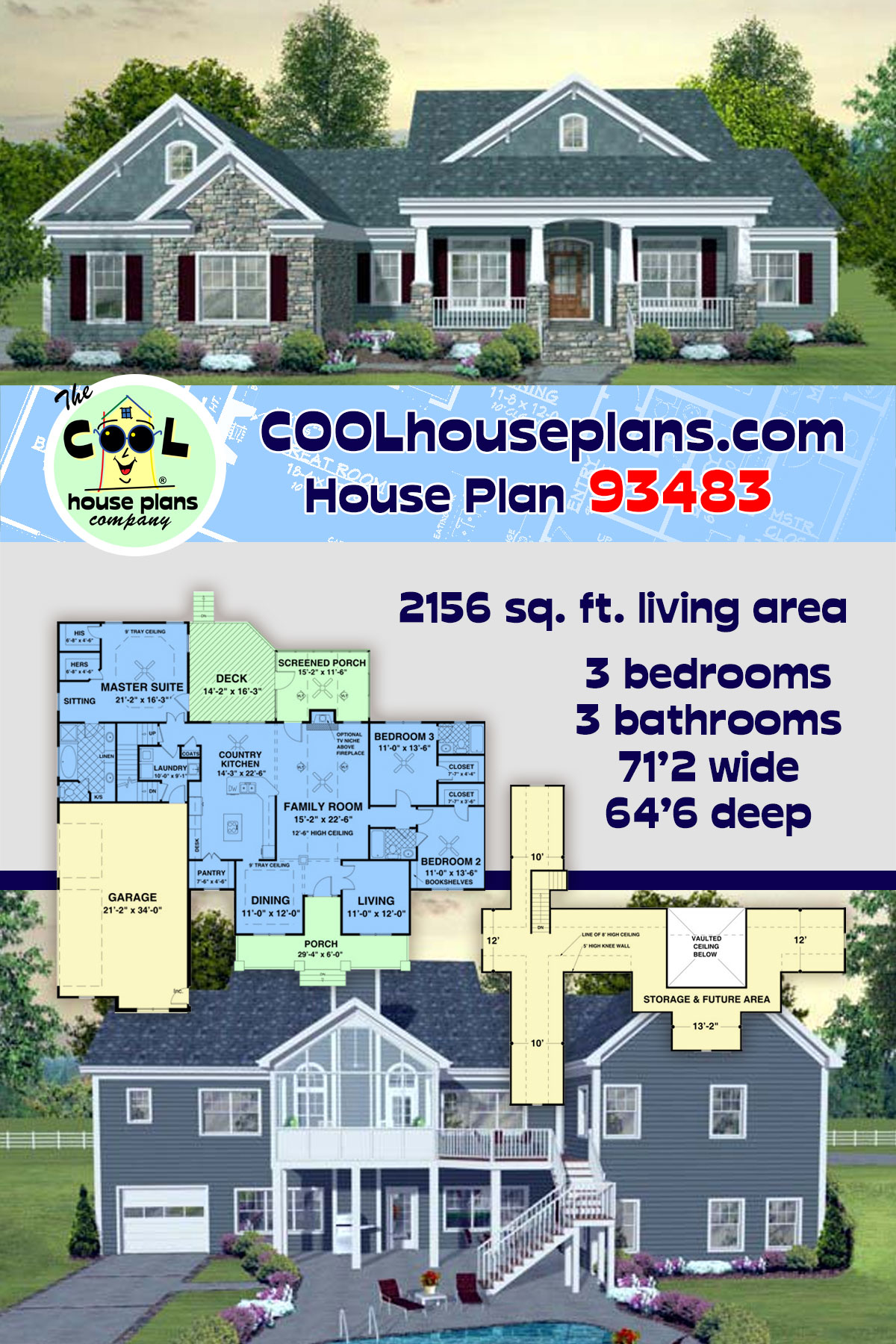 Craftsman, European, New American, Traditional House Plan 93483 with 3 Beds, 3 Baths, 3 Car Garage