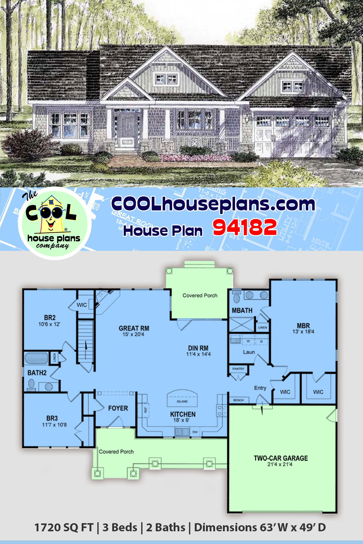 Country, Craftsman, Ranch, Traditional House Plan 94182 with 3 Beds, 2 Baths, 2 Car Garage