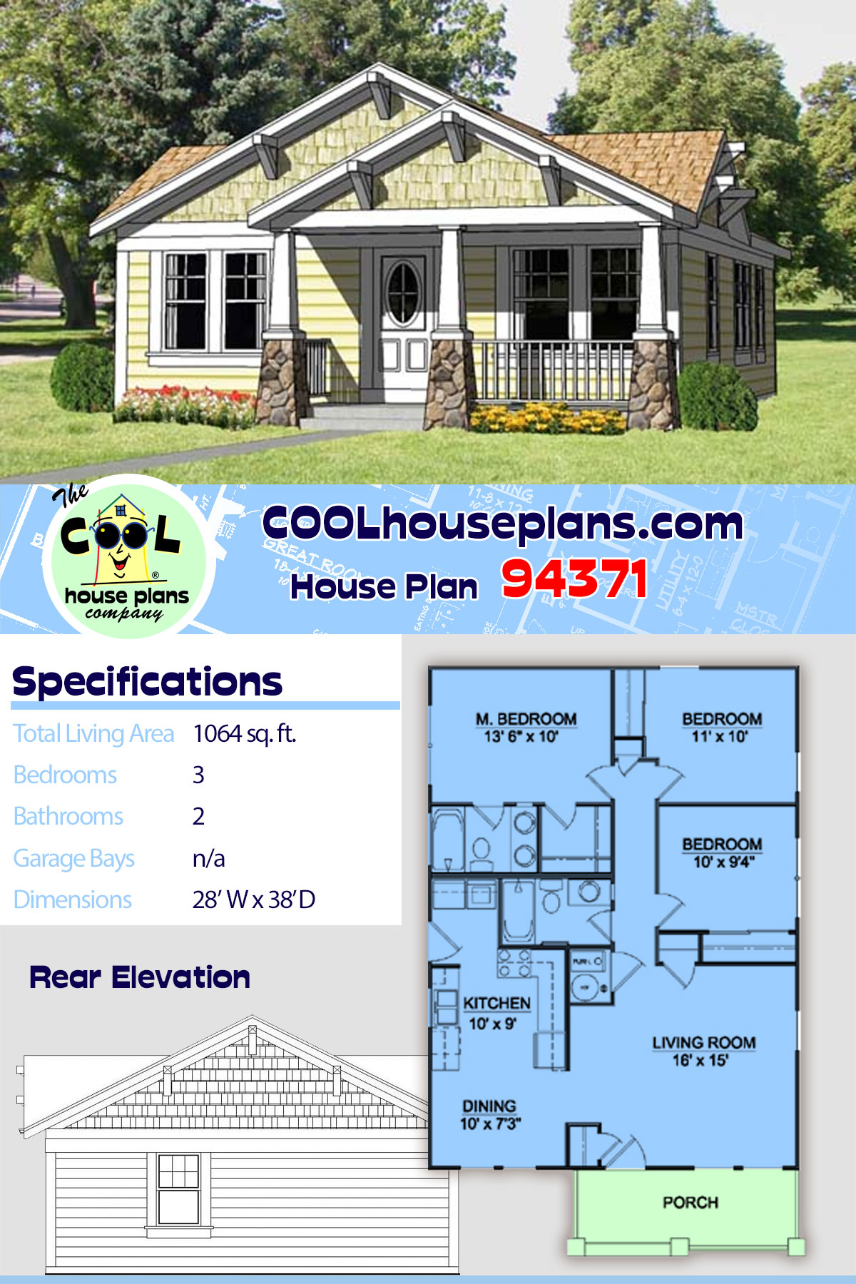 Cottage, Country, Craftsman House Plan 94371 with 3 Beds, 2 Baths