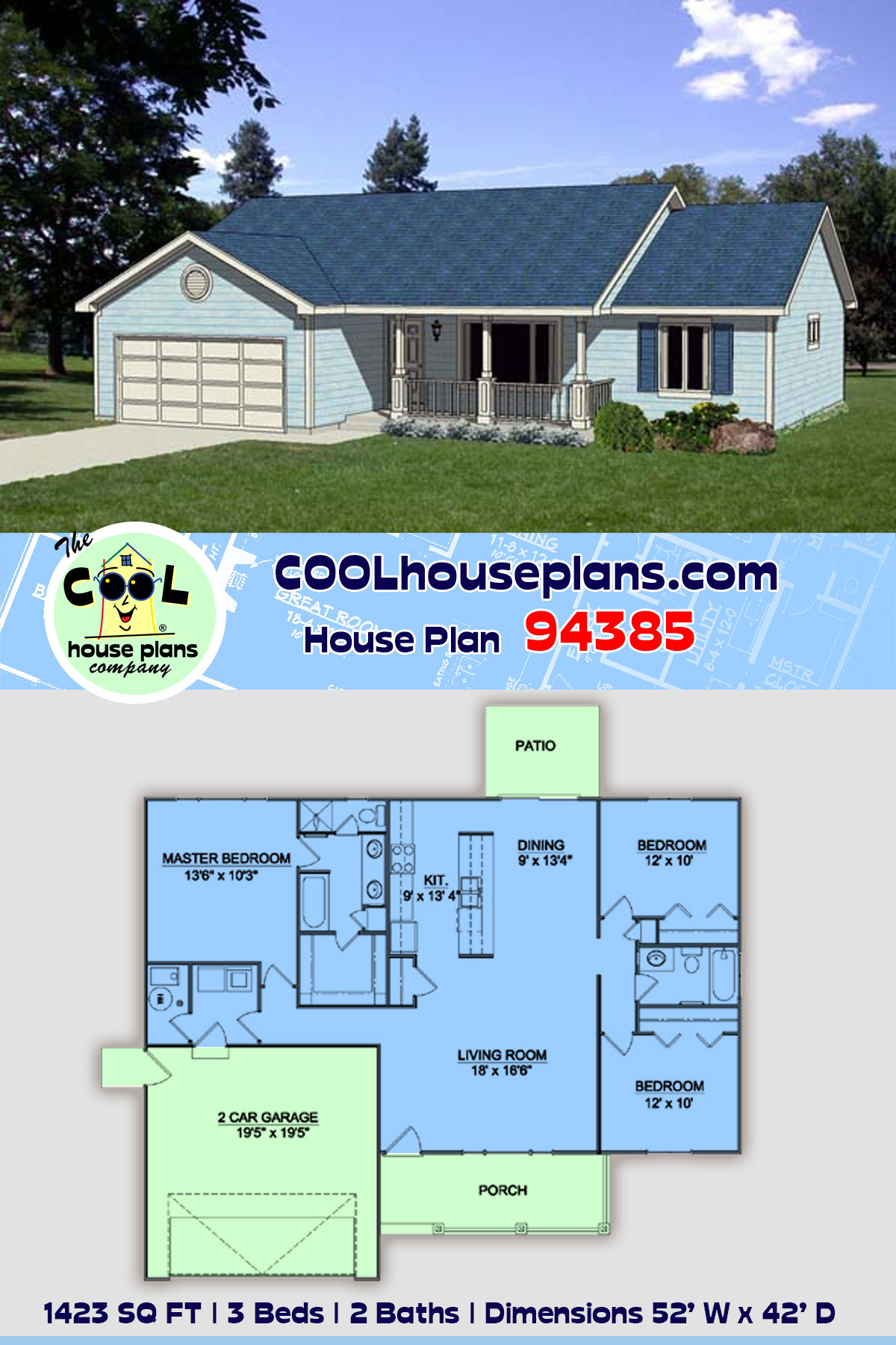 Ranch, Traditional House Plan 94385 with 3 Beds, 2 Baths, 2 Car Garage