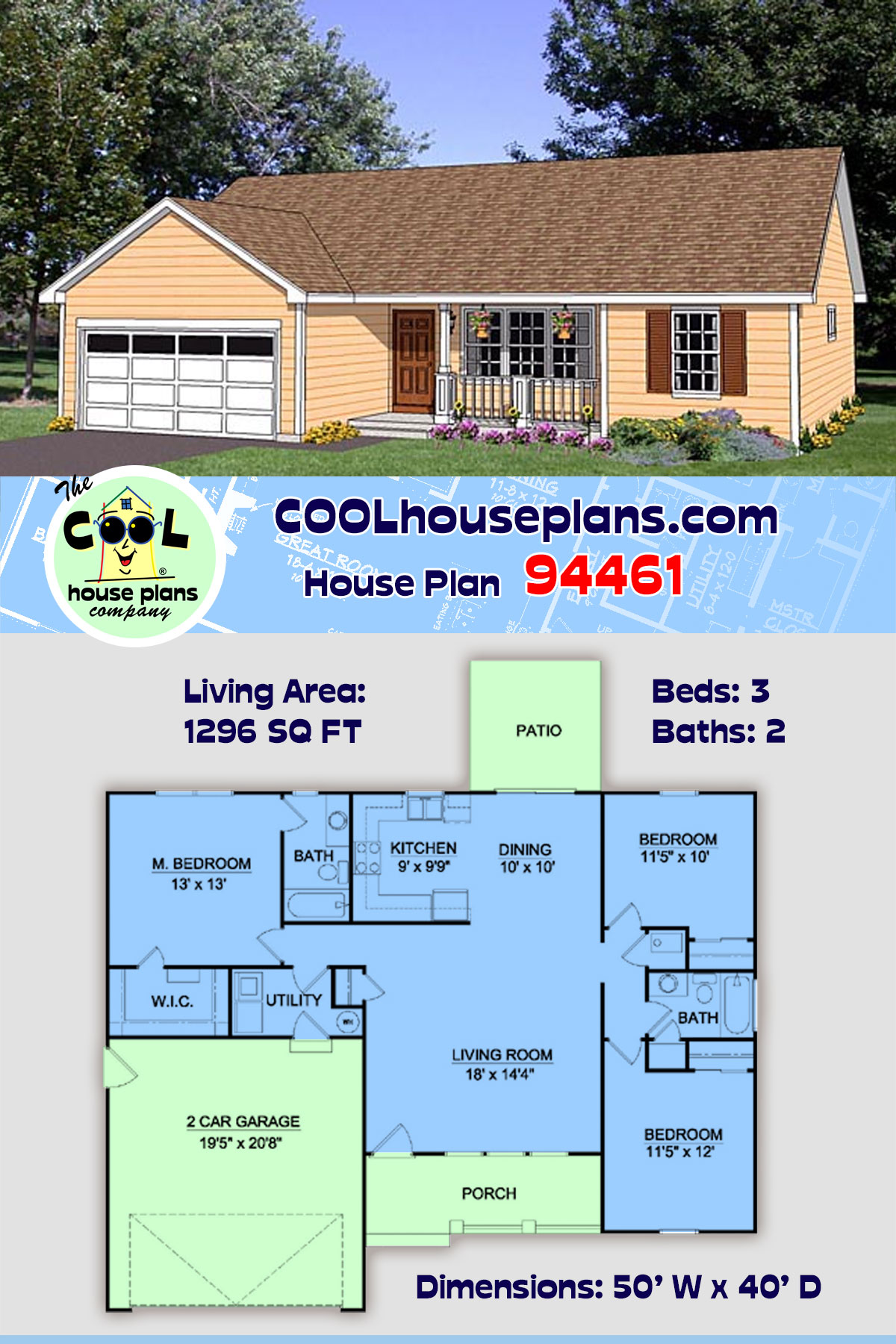 Ranch House Plan 94461 with 3 Beds, 2 Baths, 2 Car Garage