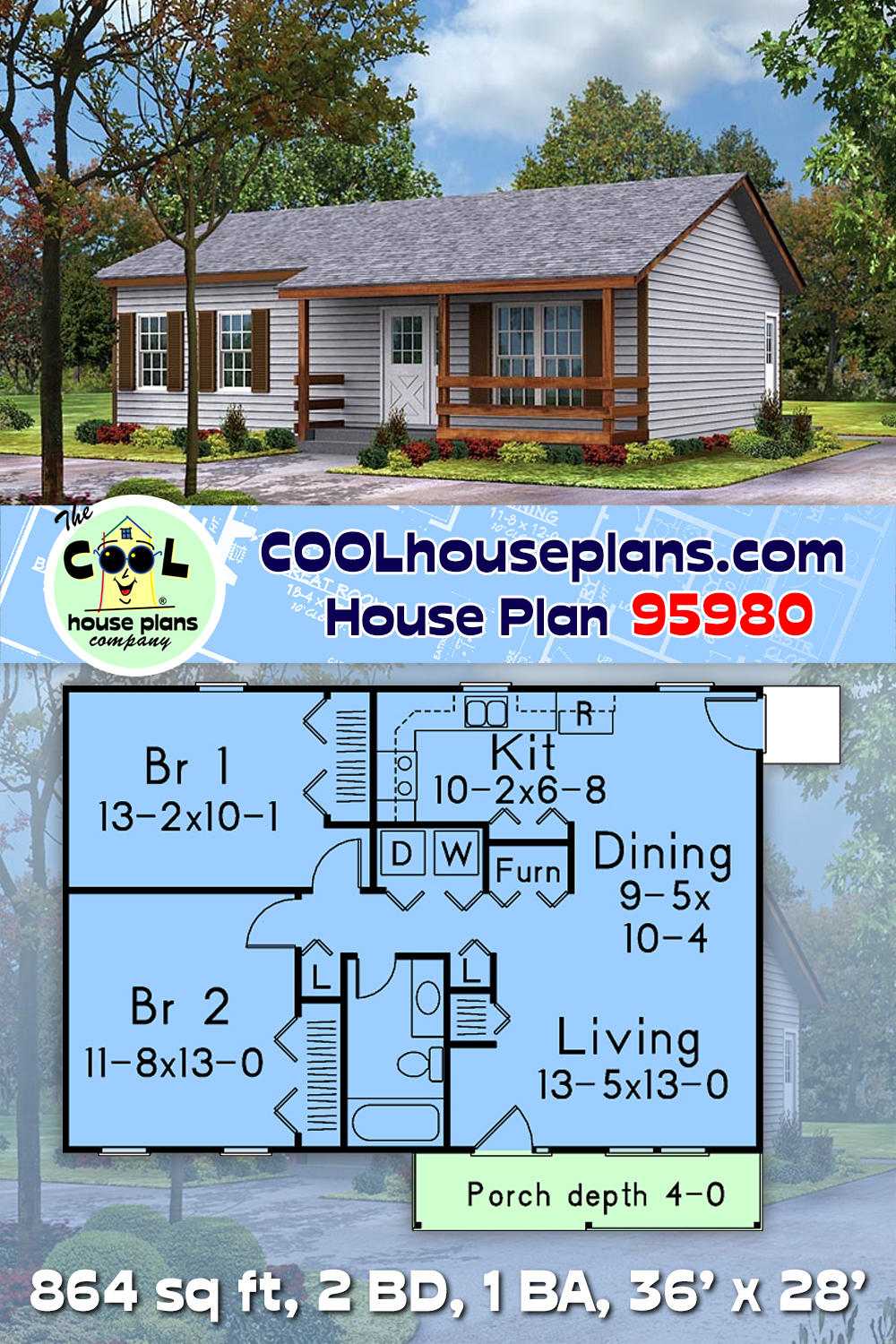 Cabin, Country, Ranch, Southern House Plan 95980 with 2 Beds, 1 Baths