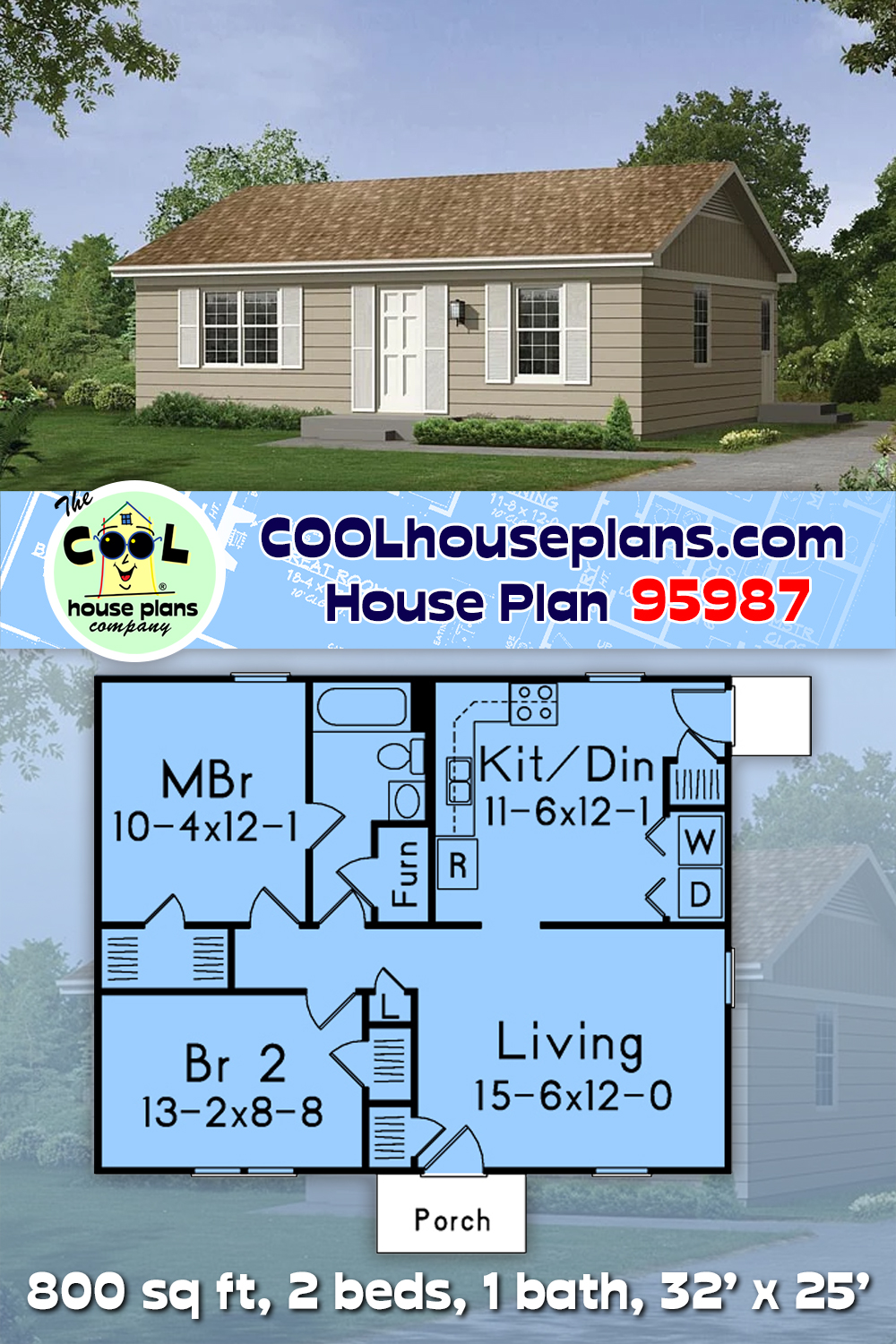 Ranch House Plan 95987 with 2 Beds, 1 Baths