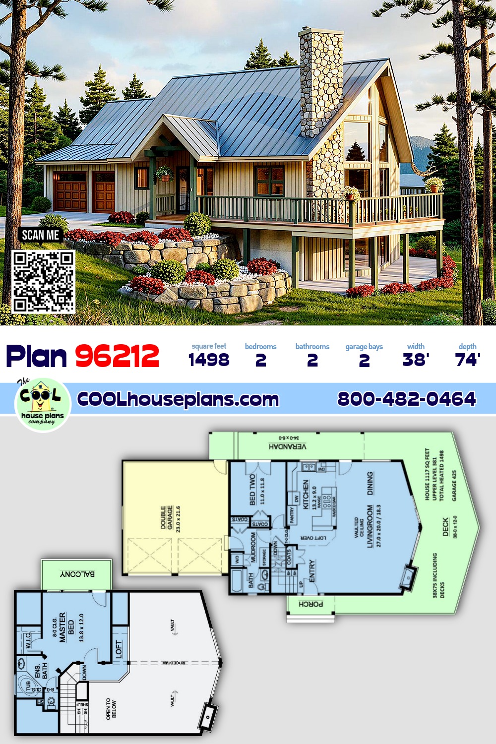 Contemporary House Plan 96212 with 2 Beds, 2 Baths, 2 Car Garage