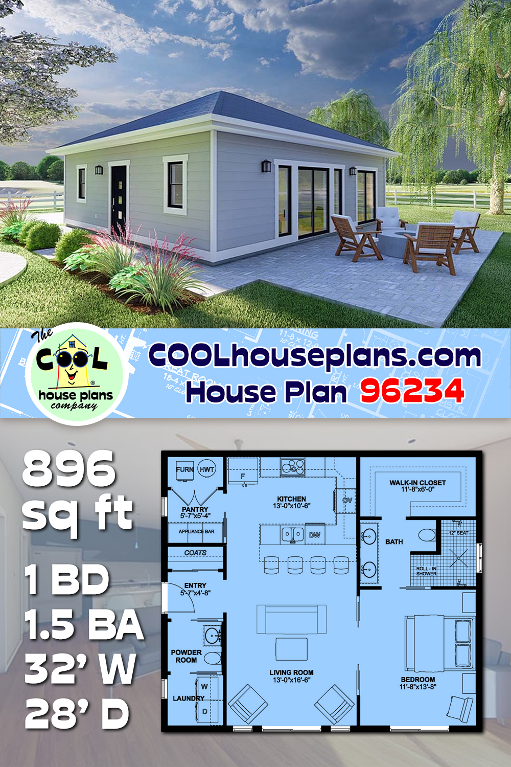 Contemporary, Ranch, Traditional House Plan 96234 with 1 Beds, 2 Baths