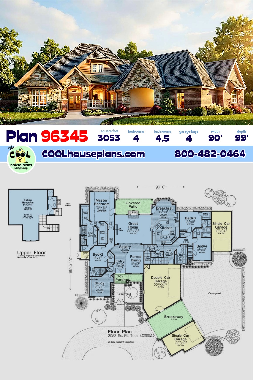 Craftsman, European, French Country House Plan 96345 with 4 Beds, 5 Baths, 4 Car Garage