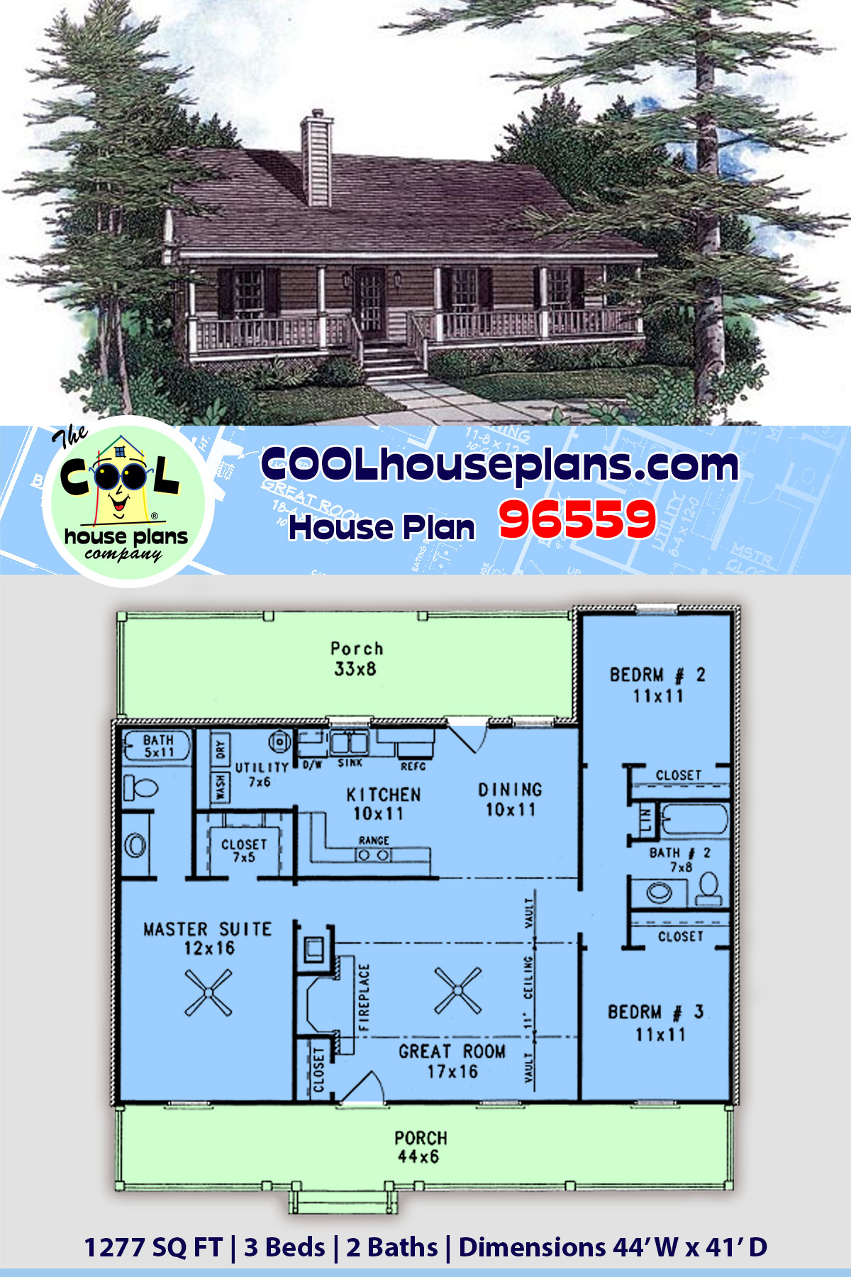 Cabin, Country, Ranch House Plan 96559 with 3 Beds, 2 Baths