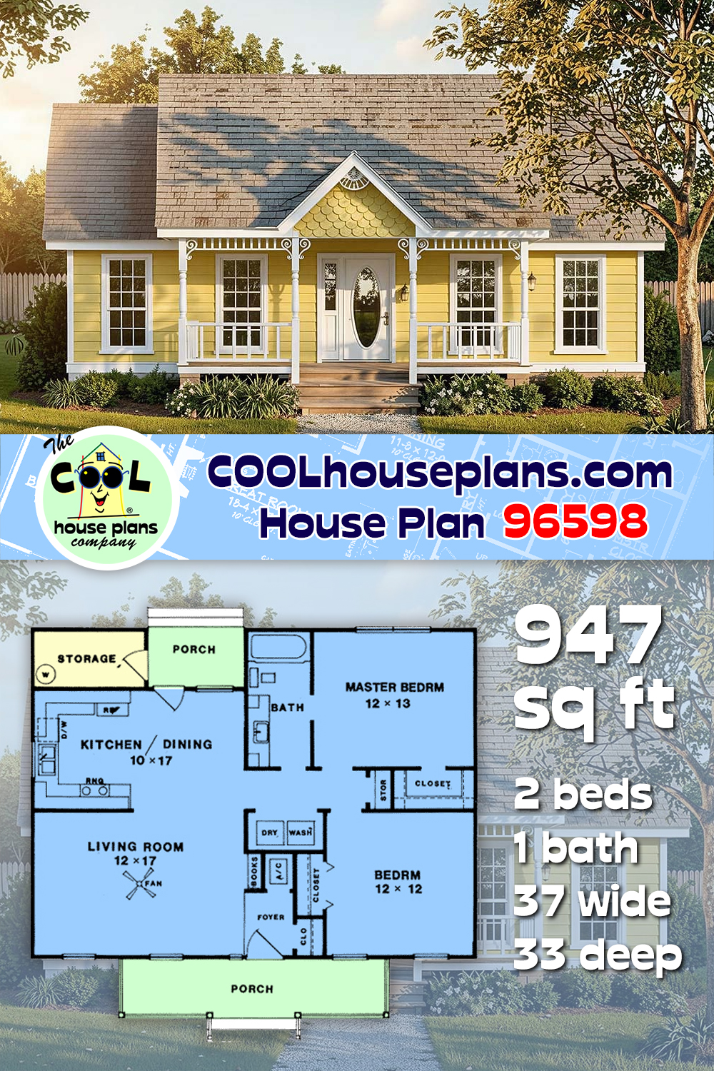 Country, Craftsman, Narrow Lot, One-Story House Plan 96598 with 2 Beds, 1 Baths