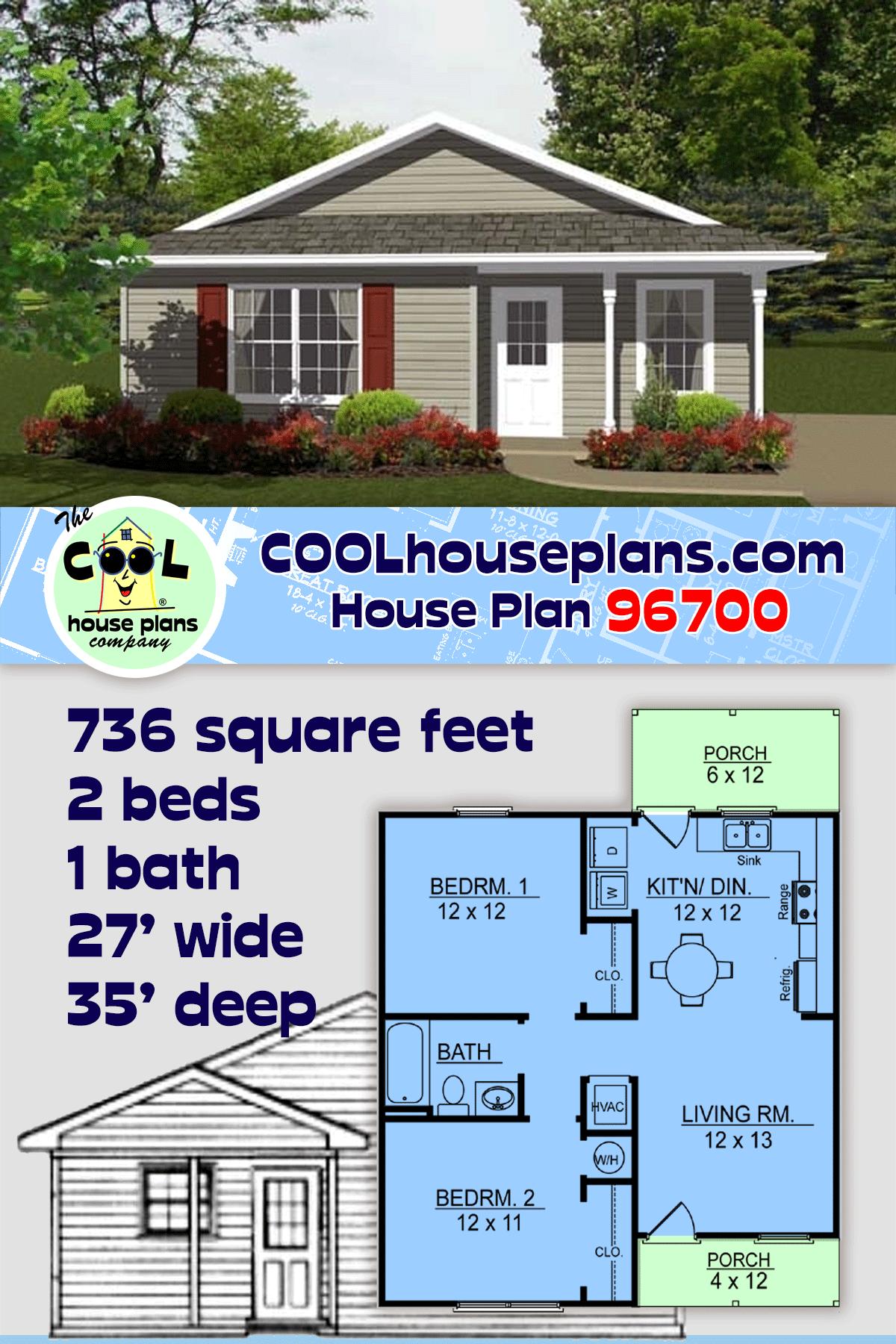Traditional House Plan 96700 with 2 Beds, 1 Baths