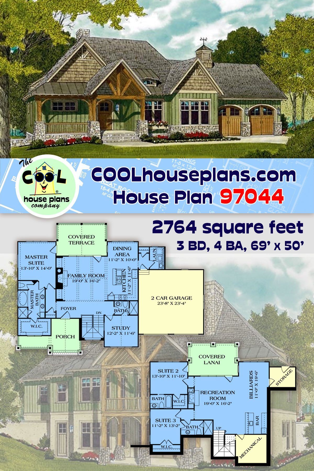Bungalow, Cottage, Craftsman House Plan 97044 with 3 Beds, 4 Baths, 2 Car Garage
