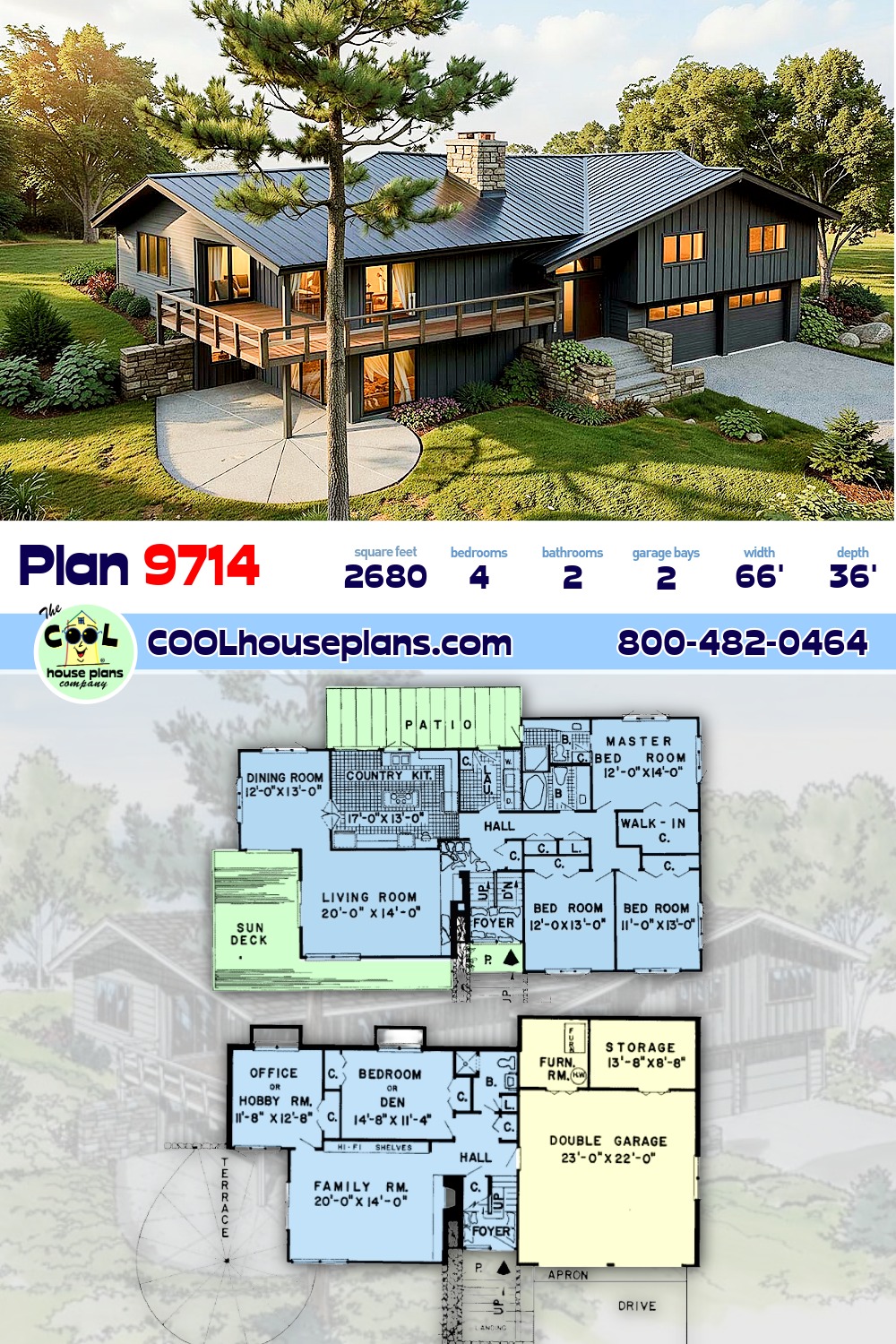 Contemporary, Retro House Plan 9714 with 4 Beds, 3 Baths, 2 Car Garage