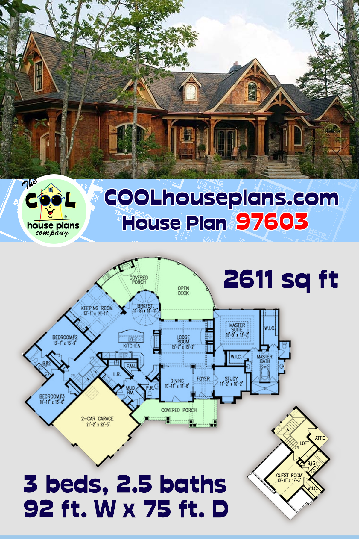 Cottage, Country, Craftsman, French Country, New American, Southern, Traditional House Plan 97603 with 3 Beds, 3 Baths, 2 Car Garage