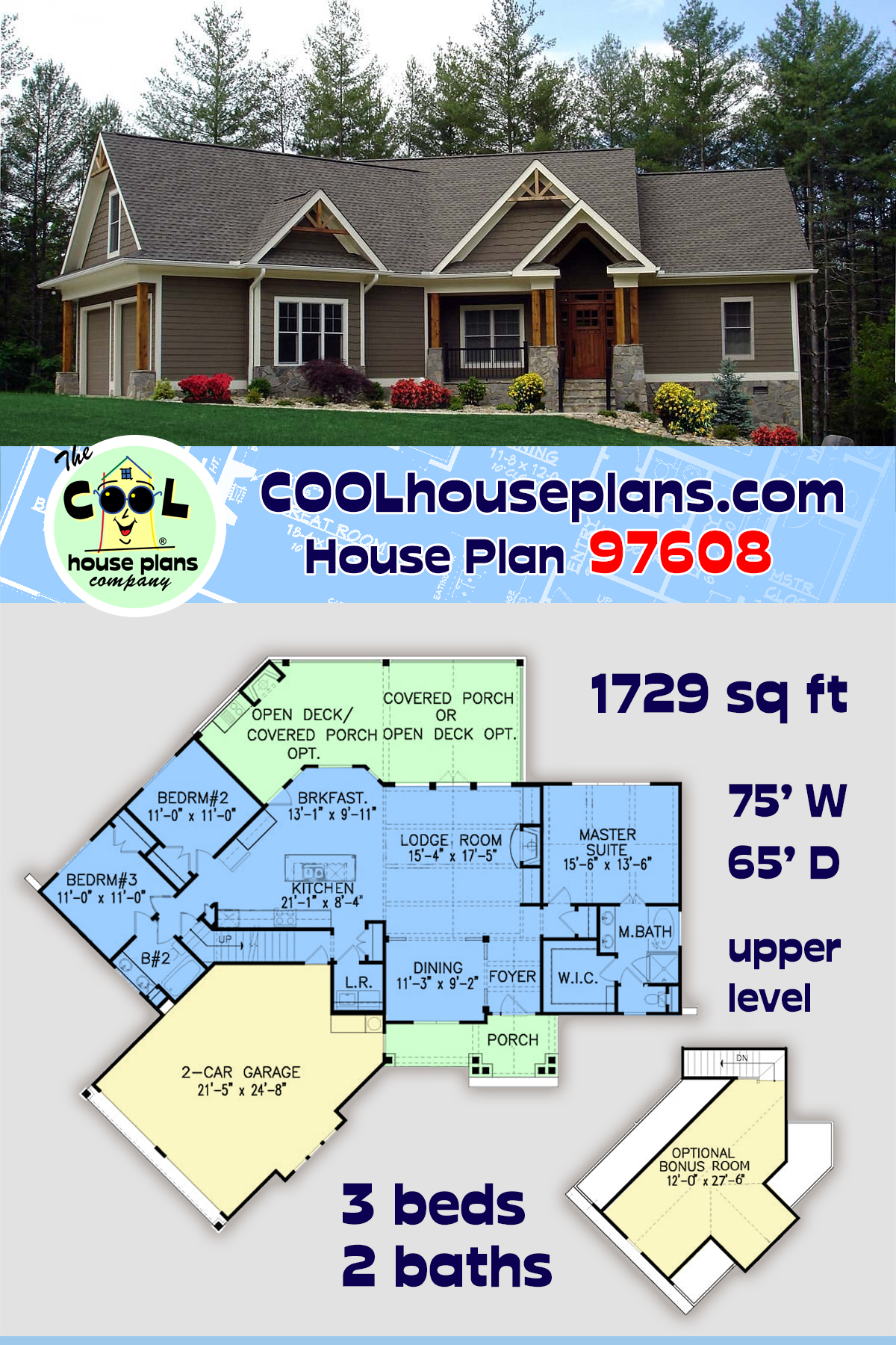 Craftsman, Ranch, Traditional House Plan 97608 with 3 Beds, 2 Baths, 2 Car Garage