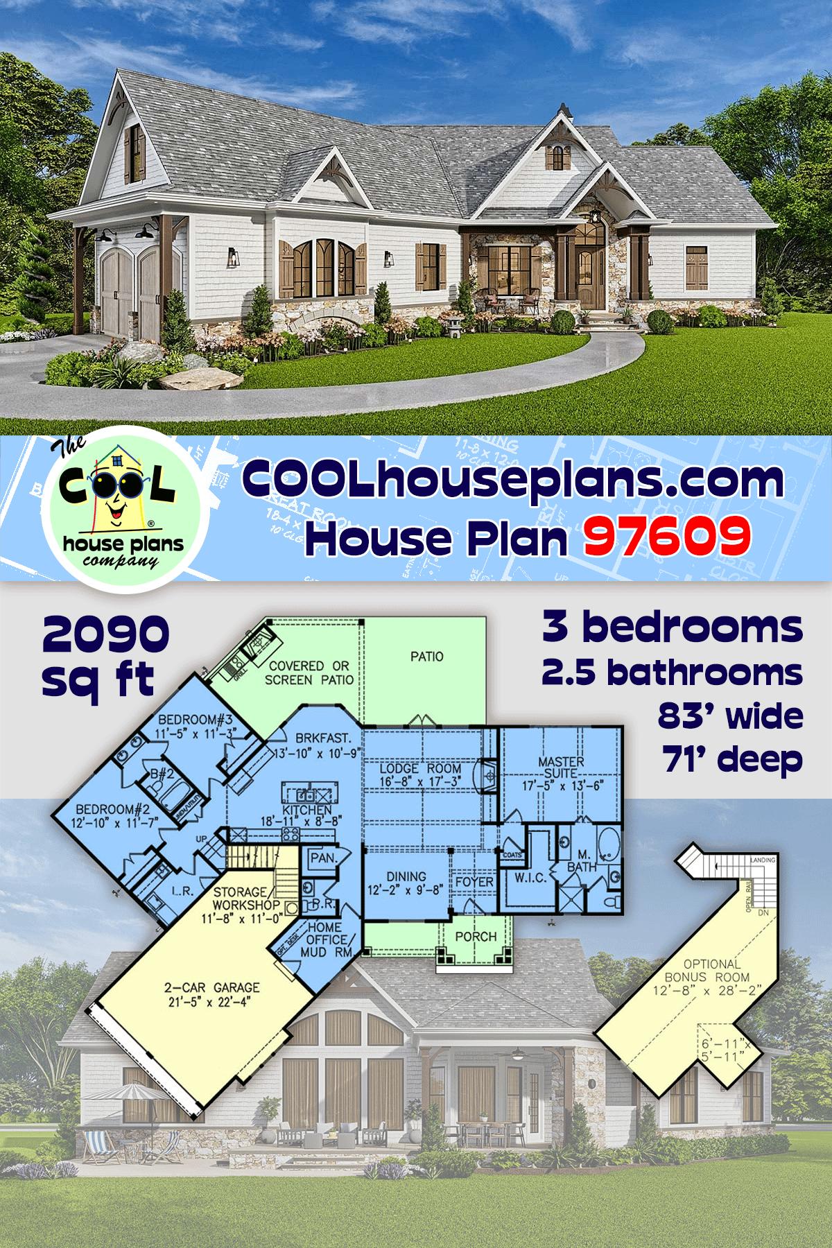 Cottage, Craftsman, European, New American, Southern, Traditional House Plan 97609 with 3 Beds, 3 Baths, 2 Car Garage