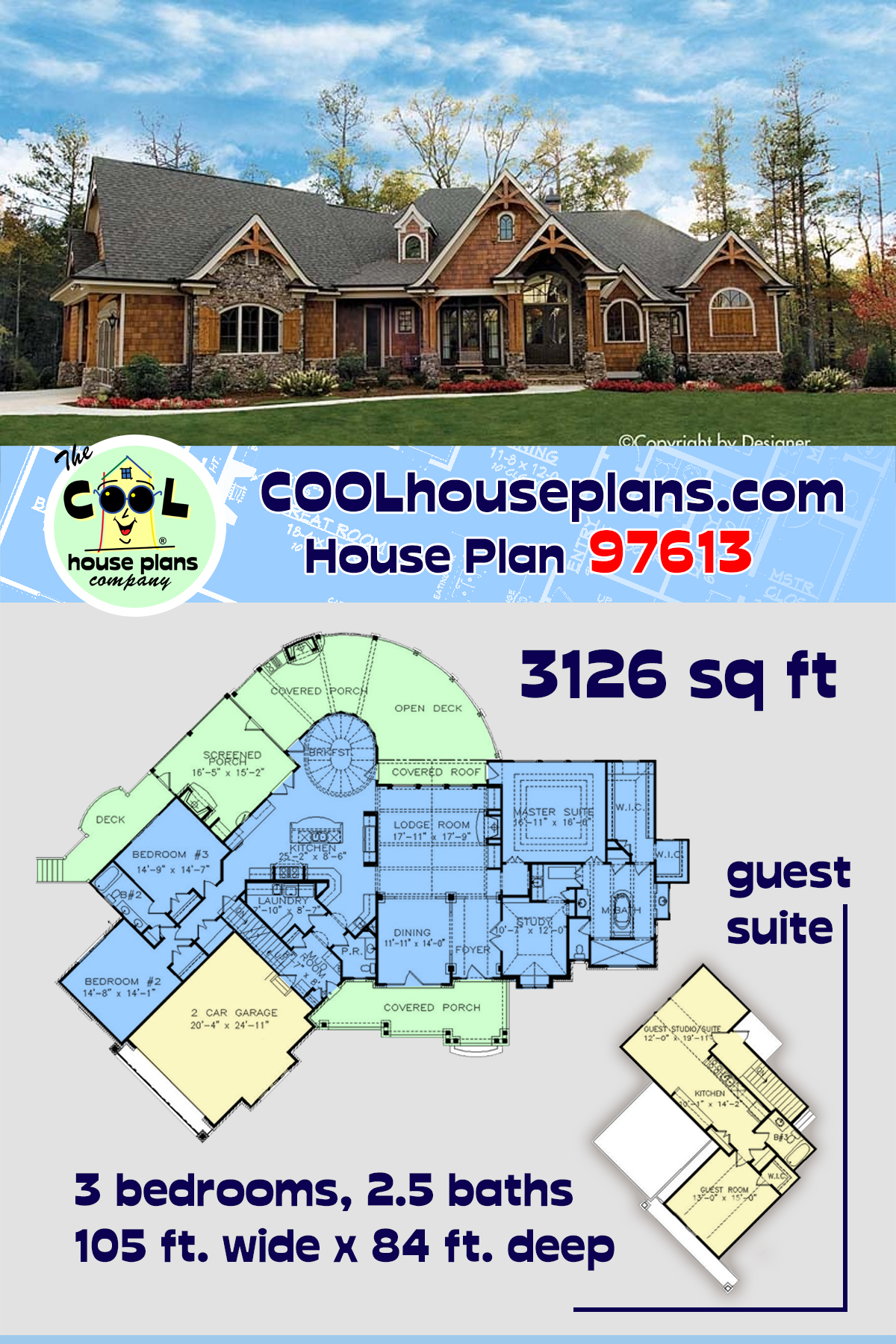 Country, Craftsman, Southern, Tudor House Plan 97613 with 3 Beds, 3 Baths, 2 Car Garage