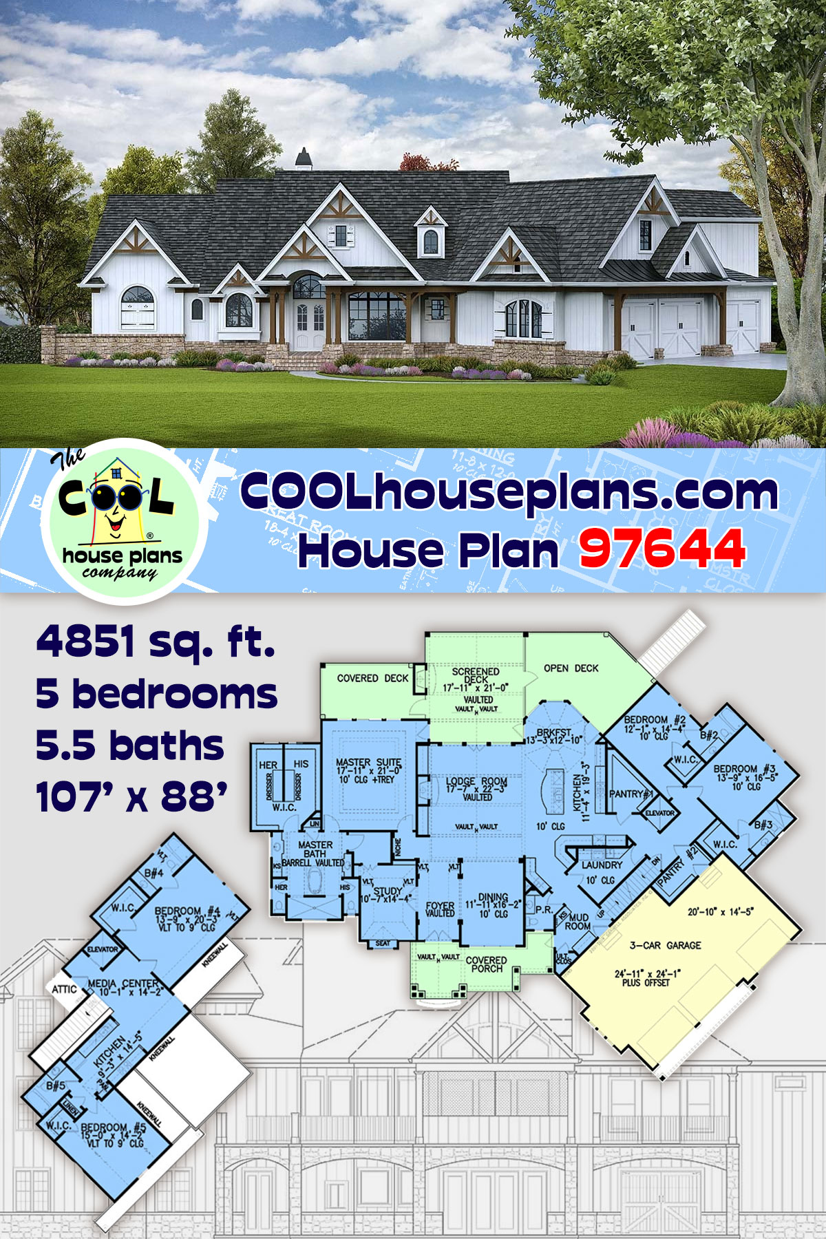 Country, Craftsman, New American House Plan 97644 with 5 Beds, 6 Baths, 3 Car Garage