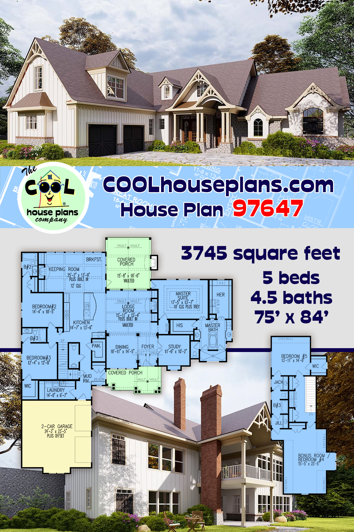 Country, Craftsman, New American House Plan 97647 with 5 Beds, 5 Baths, 2 Car Garage