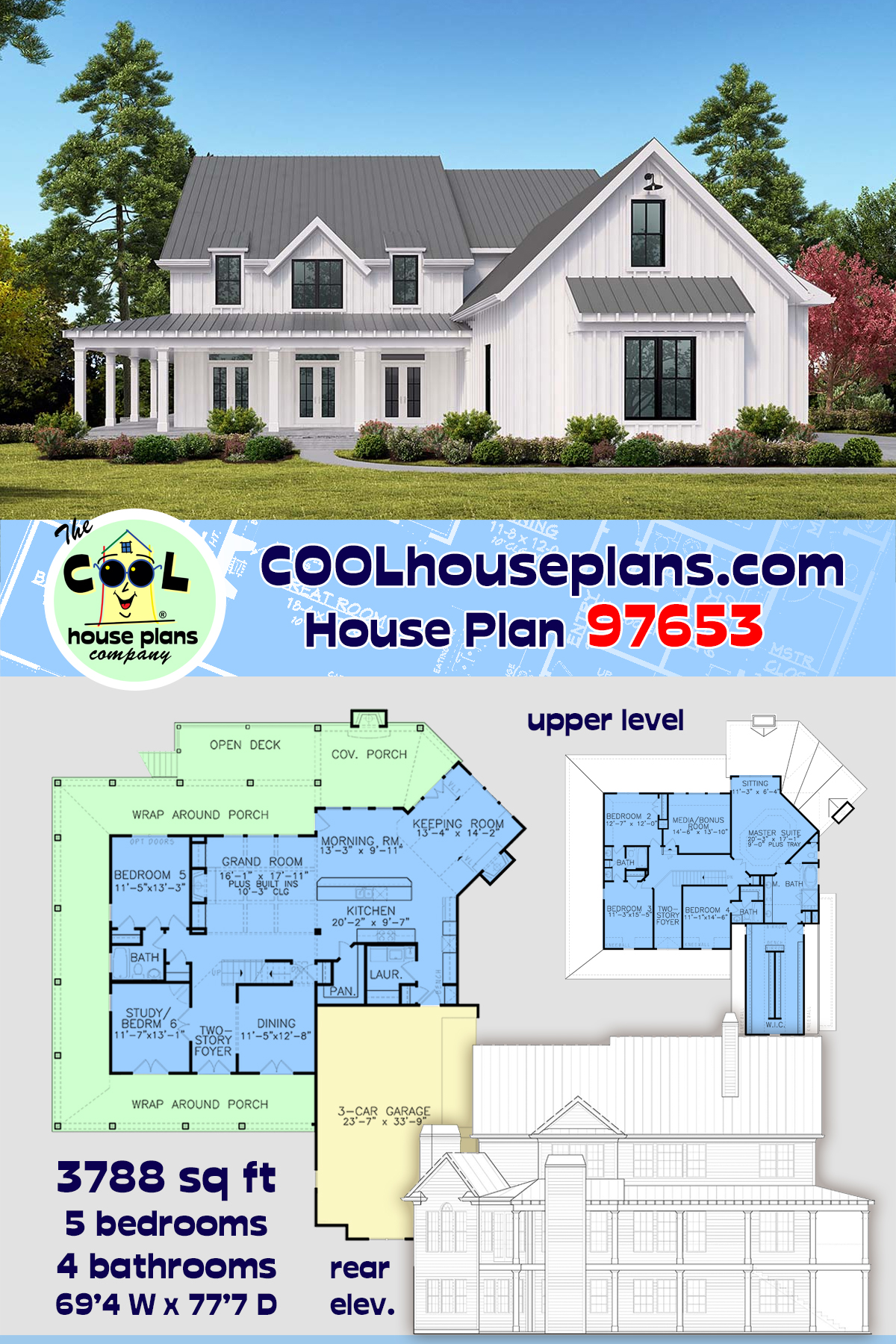 Country, Farmhouse, Ranch, Southern House Plan 97653 with 5 Beds, 4 Baths, 3 Car Garage