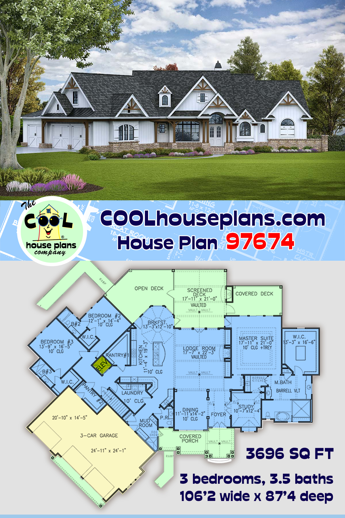 Cottage, Country, Craftsman, Southern House Plan 97674 with 3 Beds, 4 Baths, 3 Car Garage