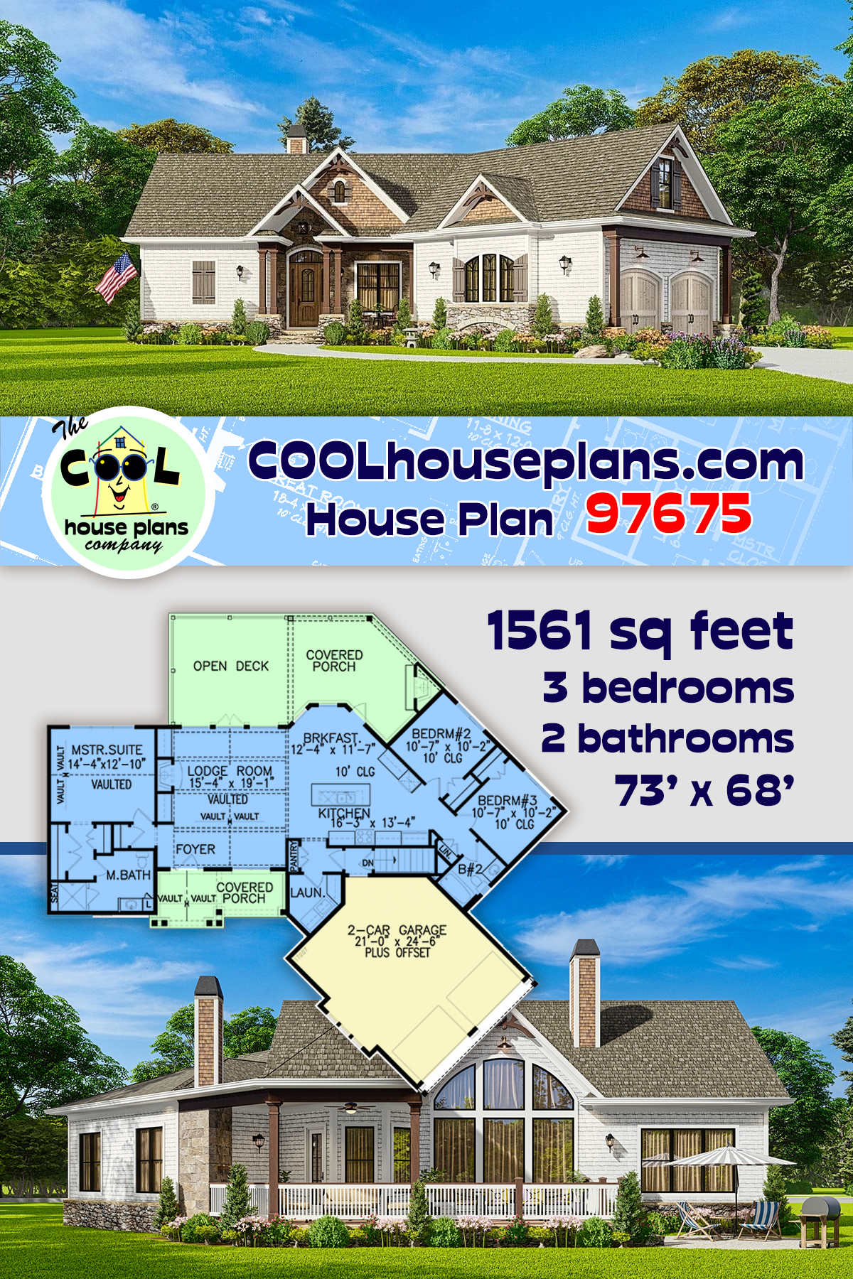Craftsman, New American, One-Story, Ranch House Plan 97675 with 3 Beds, 2 Baths, 2 Car Garage