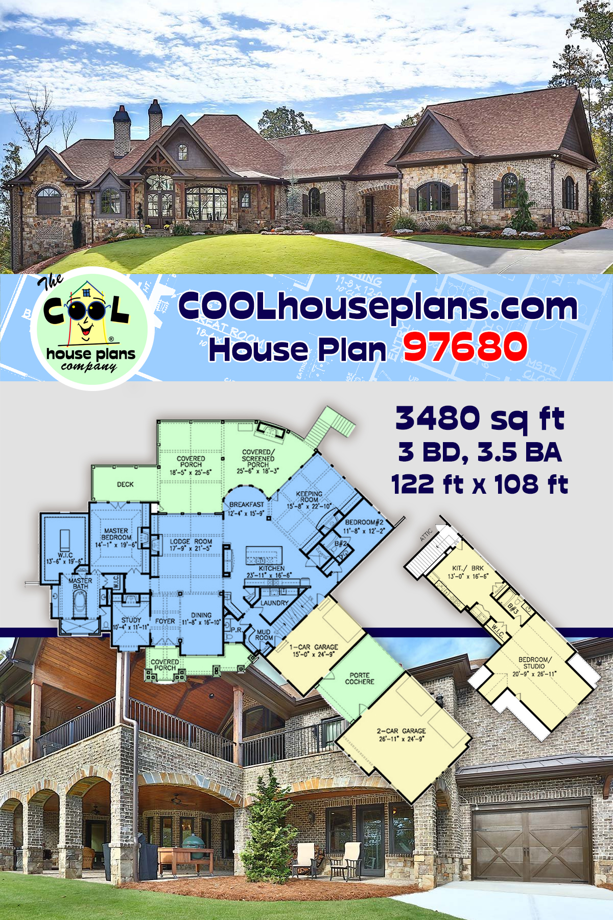 Craftsman, New American, Ranch, Tuscan House Plan 97680 with 3 Beds, 4 Baths, 3 Car Garage