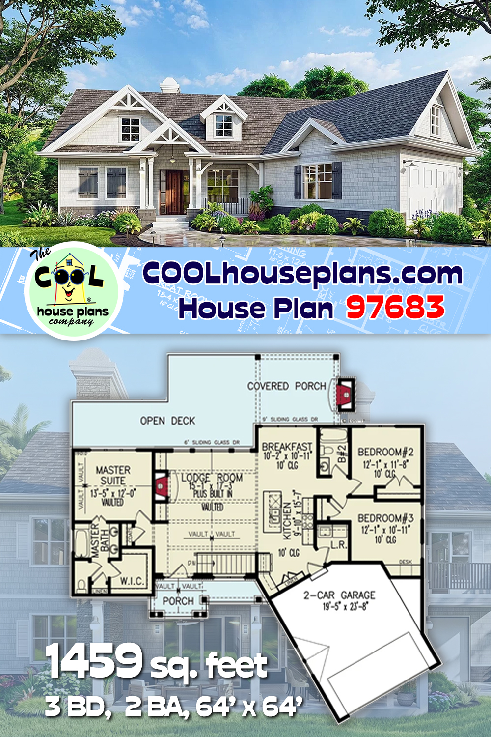 Cottage, Craftsman, New American, One-Story House Plan 97683 with 3 Beds, 2 Baths, 2 Car Garage