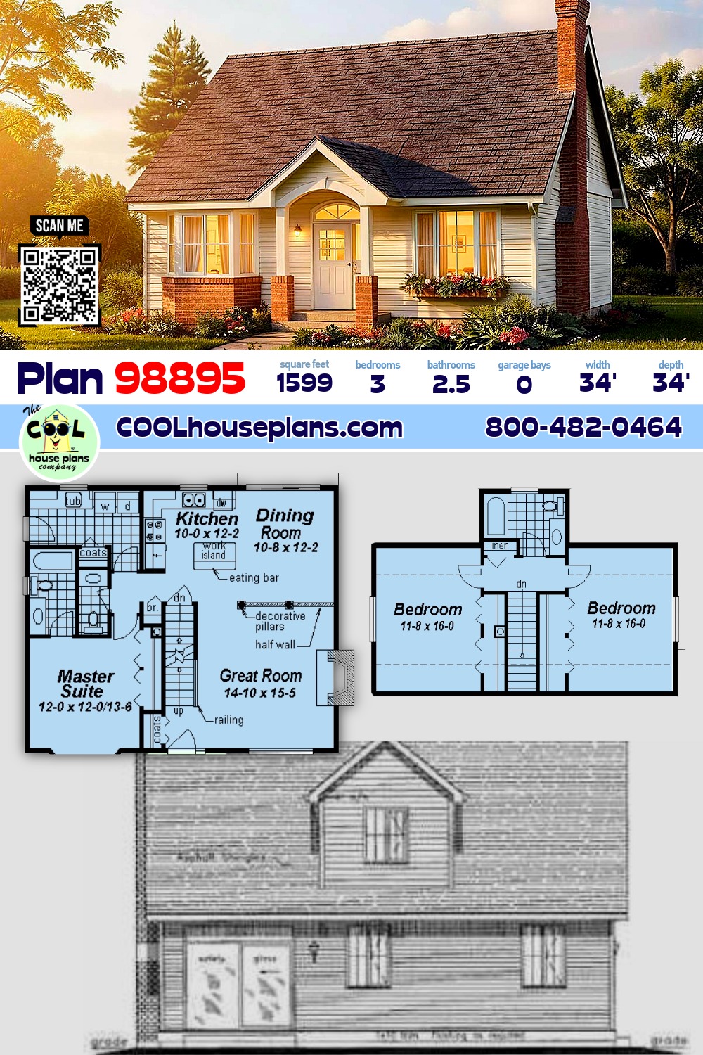 Cape Cod, Narrow Lot House Plan 98895 with 3 Beds, 3 Baths