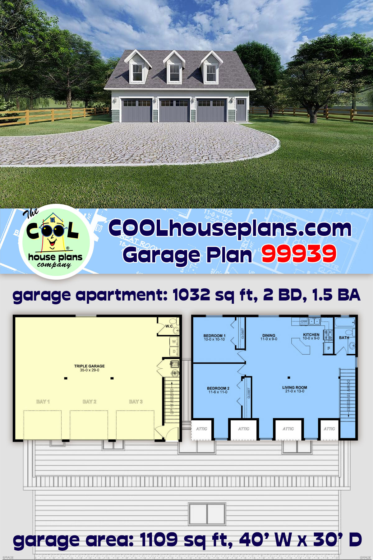 3 Car Garage Apartment Plan 99939 with 2 Beds, 2 Baths