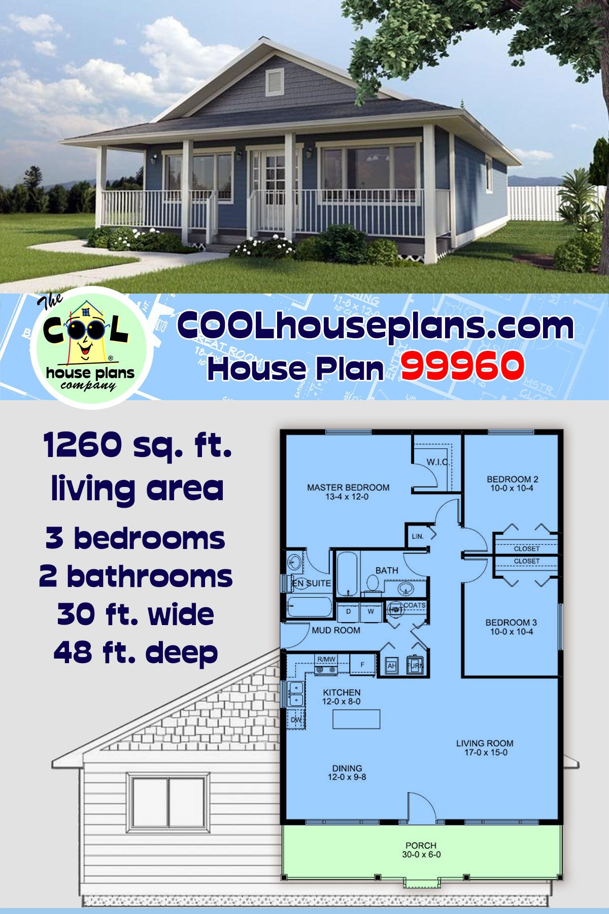 Country, Ranch House Plan 99960 with 3 Beds, 2 Baths